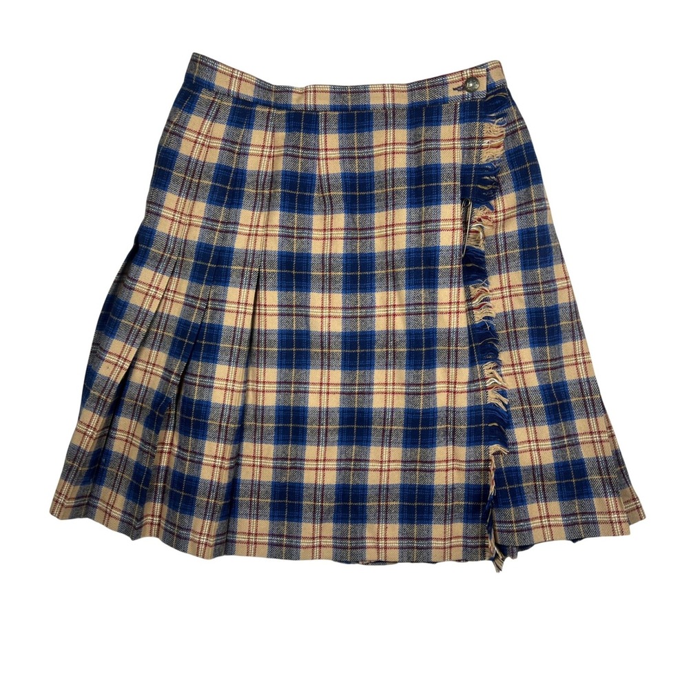 Pendleton Vintage Wool Plaid Wrap Kilt Skirt Blue Tan Petite‎ 10 Made in USA